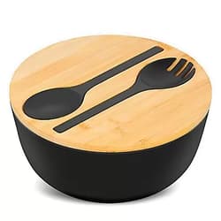 Yiketary Bamboo Fiber Salad Bowl with Servers Set, 9.8 inches Large Salad Bowl with Lid, Mixing Bowl with Spoon and Fork, Wood Salad Bowl Set for Salad, Fruits, Vegetables and Decoration