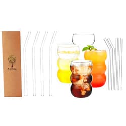 ALINK Glass Smoothie Straws and 16 oz Large Ribbed Glassware Drinking Glasses