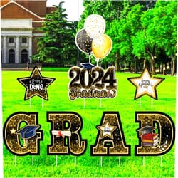 YOYOJOY Graduation Yard Sign Decorations 2024, 8 PCS Large Congrats Grad Yard Stakes, Gold and Black Graduation Lawn Signs Decor, Waterproof Outdoor Graduation Party Supplies