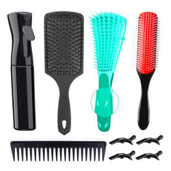 Aozzy 9 Pcs Detangling Brush Set, for Afro America/African Hair 3a to 4c Texture, with 9-Row Cushion Nylon Bristle Shampoo Brush, Detangler Hair brush, Air Cushion Comb, Wide Tooth Comb, Hair Spray Bottle