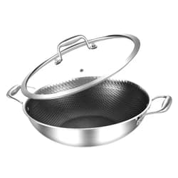 DELARLO Stainless Stee 13 Inch Wok Pan With Lid,woks & stir-fry pans nonstick,Tri-Ply Stainless Steel Wok, non stick wok, 5.5QT Nonstick Deep Frying pan, wok induction, Saute Pan With Lid
