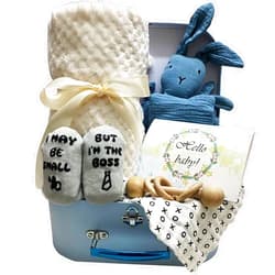 YCHWFF Baby Gift Set, Baby Boys Gift Set New Baby Gifts Basket Includes Babies Blanket Baby Lovey Wooden Rattle Toy(Blue-Bunny)