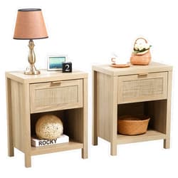 SICOTAS Rattan Nightstands Set of 2, Farmhouse Night Stand Bedside Table with Drawer and Storage Shelf - Boho End Side Table for Bedroom, Light Oak
