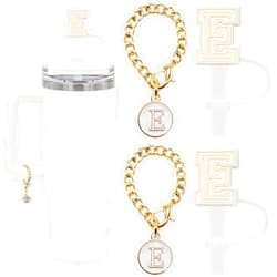 SpexArt 4PCS Stanley Cup Accessories, 2PCS Letter Straw Cover Cap for Stanley Cup 30&40 Oz with 2PCS Personalized Charms Initial Letter Silicone Stanley Straw Toppers for Stanley Cup (White+Letter E)
