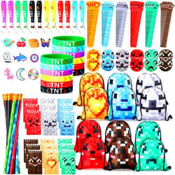 Paterr 103 Pcs Pixel Miner Birthday Party Favor Supplies Include Drawstring Bags Silicone Bracelets Badge Buttons Spiral Notebooks Pencils Bookmarks and Stickers for Carnival Prizes Gift Decorations