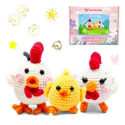 LOLCROCHET Chicken Crochet Kit for Beginners, Cute Animals DIY Amigurumi Starter Set with Step-by-Step Video & Book Tutorial, Easy Knitting Project for Adults Crocheting Doll Xmas Gift