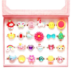 PinkSheep Little Girl Jewel Rings in Box, Adjustable, No Duplication, Girl Pretend Play and Dress Up Rings (24 Lovely Ring)