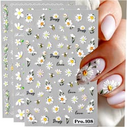 Jaliya 5pcs Embossed Daisy Nail Stickers Micro-carving Flower Nail Stickers Small Daisies Pink Butterfly Flower Nail Decals for Nail Art Supplies Daisy Flowers Nail Art Stickers Floral Stickers for Nails DIY