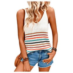 SweatyRocks Women's Colorful Striped V Neck Knitted Cami Tops Sleeveless Spaghetti Strap Tank Tops