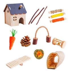 GOODMOM 14pcs Hamster Cage Accessories Bunny Toys for Guinea Pig Chinchillas Gerbils Mice Rats Mouse Rabbit Bunny Wooden House Hiding Nest Seesaw Rabbit Chew Toys for Teeth Chinchilla Toys