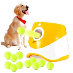 WEUYUY Automatic Dog Ball Launcher, with 12PCS Tennis Ball 3 Adjustable Distances Settings, Rechargeable Ball Launcher for Dogs,Interacive Dog Toys Thrower Machine Perfect for Small Dogs(Yellow)