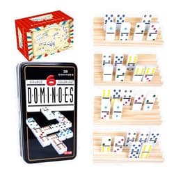 GOTHINK Dominoes Set for Adults with 4 Wooden Trays/Racks, Double 6 Dominoes Set Travel Set with 4 Tiles Holders, 28 Tile Colored Dot Dominos in Tin Box Classic Family Board Games for 2-4 Players