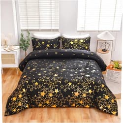 Raytrue-X King Comforter Set Black Gold Star Metallic Glitter Bedding Comforter Sets All Season Bed Comforter King Set Bronzing Effect 3pcs Lightweight King Size Bedding Sets with 2 Pillow Shams