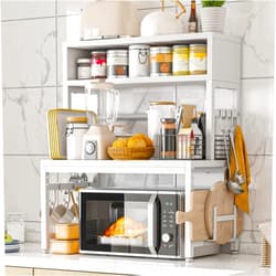 EnHomee Microwave Stand, 205LBS Microwave Shelf, Adjustable Microwave Oven Rack Heavy Duty 4-Tier with 9 Hooks for Kitchen Counter Shelf, Microwave Stand with Storage and Cutting Boards Stand (White)