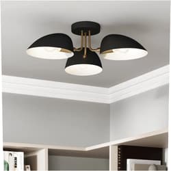 Nathan James Argo Semi Mount Flush Ceiling Light, 3-Lights Modern Retro Lighting with Black Rounded Shades for Hallway, Dining Room and Bedroom, Brass Gold/Black