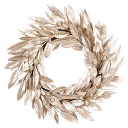 DILATATA 16 Inch Artificial Champagne Gold Bay Leaf Wreath with Glittered Berries Laurel Leaf Xmas Wreath for Front Door Holiday Christmas Party Decorations