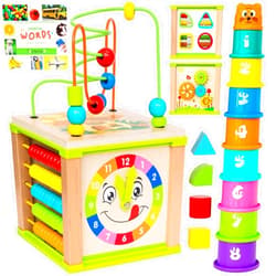 TOYVENTIVE Wooden Activity Cube, Montessori Toys, Multipurpose Educational Sensory Toy for 1-2 Year Old Baby, Toddler, Kid, Boy | Birthday Gift | Bonus First Words Book