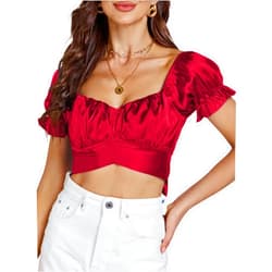 LYANER Women's Ruffle Short Sleeve Tie Up Back Crop Top Off Shoulder Bardot Blouse