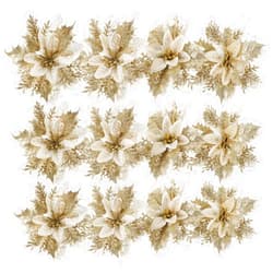 TOYANDONA 24 Pieces Christmas Poinsettia Decorations Glitter Artificial Christmas Flowers for Xmas Tree Ornaments （Golden）