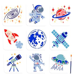 MAYJOYDIY 9pcs Space Astronaut Stencil 6×6inch Space Theme Stencils with Paint Brush Reusable Planet Rocket Telescope Spacecraft Galaxy Drawing Template for Craft Furniture Fabric Wall