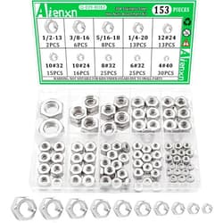Aienxn 153PCS SAE Sizes Hex Nuts Assortment Kit, 304 Stainless Steel Hardware Nuts- 4#40, 6#32, 8#32, 10#24, 10#32, 12#24, 1/4-20, 5/16-18, 3/8-16, 1/2-13, Hex Nut Set