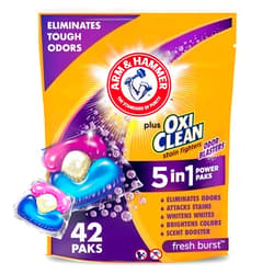 ARM & HAMMER Plus OxiClean with Odor Blasters Concentrated Laundry Detergent, 5-in-1 Laundry Stain Remover, Fresh Burst Detergent Power Paks, 42 Count Bag