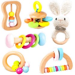 TUOWITA 6 PCS Wooden Baby Rattle, Organic Colorful Baby Hand Rattles Set, Wood Rattles for Babies 0-6-12 Months, Wooden Teether Crochet Rattle Toy for Newborn Infant, Montessori Toys for Babies 0-6 Months
