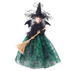 KLEOAD Halloween Decoration Witch Tree Topper - Crashing Witch into Tree, Black Witch Doll Ornament with Spider Web Skirt, Black Pointed Hat and Flying Broom for Desktop Treetop Fireplace Halloween Decor