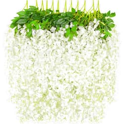 Attmu 12 Pack Artificial Flowers Wisteria Hanging Flowers 3.6 Feet/Piece Vine Ratta String for Home Office Wedding Wall Garden Outdoor Party Decoration (White)