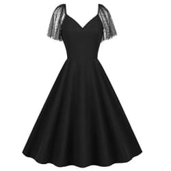 Generic Women Solid Color Hepburn Dress Sheer Lace Sleeve Vintage Cocktail Swing Dress Wedding Party Prom Evening Dresses