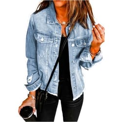 EVALESS Womens Boyfriend Washed Crop Denim Jean Jacket Coat