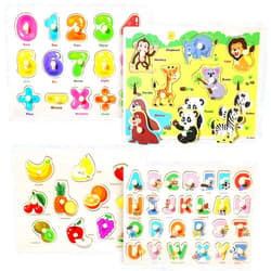 GR GRINNNIE GRINNNIE Wooden Peg Puzzle for Toddlers 2 3 4 Years Old, 4 PCS Montessori Educational Learning Puzzles Set-Numbers, Letters, Animals and Fruits, Great Preschool Gifts for Girls and Boys