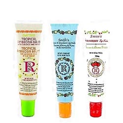 Rosebud Perfume Co. Tube 3 Pack: Tropical Ambrosia Balm, Rose & Mandarin Lip Balm, Strawberry Lip Balm