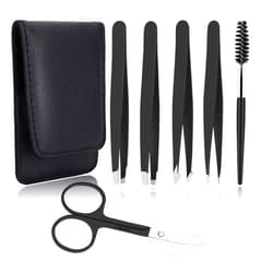 UUBAAR 6 PCS Professional Tweezers Set - Stainless Steel Precision Tweezer Kit for Eyebrows, Facial Hair, Ingrown Hair & Splinter Removal with Travel Case (Black)