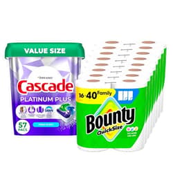 Bounty Paper Towels Quick Size, White, 16 Family Rolls = 40 Regular Rolls (Packaging May Vary) + Cascade Platinum Plus Dishwasher Pods, Dishwasher Detergent, Dish Detergent Soap, Fresh, 57 Count