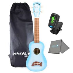 Kala Light Blue Burst Dolphin Makala Soprano Ukulele - MK-SD/LBLBURST Bundle with a Tuner and Lumintrail Polishing Cloth