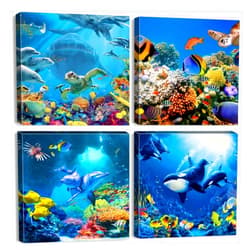 YOOOAHU Ocean Wall Art Blue Sea World Pictures Underwater Turtle Dolphin Whale Fish Wall Decor for Living Room Beach Bathroom Coastal Seascape Photo Prints Canvas Artwork Bedroom Home Decorations 12x12” 4 Pcs