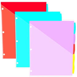 JISUSU 5-Tab Plastic Binder Dividers with One Front Pockets - 3 Sets, 15 pcs Multicolor Pocket dividers for 3-Ring Binders, dividers with tabs