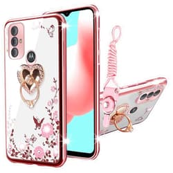 KuDiNi for Moto g Pure Case, Moto g Power 2022 Case Moto G play 2023 Case for Women Glitter Crystal Butterfly Heart TPU Luxury Bling Protective Cover with Kickstand+Strap for Moto g Pure (Rose Gold)