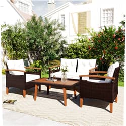 SZUBEE 4-Piece Wicker Garden Patio Seating Furniture PE Rattan Outdoor Sofa Set with Wood Table and Legs for Backyard, Porch, Poolside, Beige
