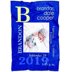 Yeh Gift Personalized Baby Photo Newborn Blanket with Birth Information for Girls and Boys. Customized Name Blanket from Baby's Name, BirthDate, Weight. Gift for New Born Baby, New Dad Mom Grandma (Blue)