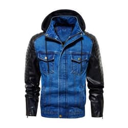 FTIMILD Mens Denim Jacket with Pu Leather Patchwork Biker Jacket with Detachable Hood Jean Jacket with Multiple Pockets