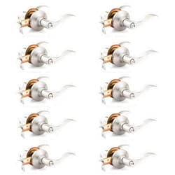 Mengico 10 Pack Satin Nickel Privacy Door Lever, Modern Interior Door Knobs Locks for Bedroom and Bathroom, Heavy Duty Door Handle, Reversible Wave Lever Handle