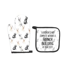 FIicy French Bulldog Dog Oven Mitts and Pot Holders Sets, Frenchbulldog Gifts Kitchen Accessories Sets, Complete Without a French Bulldog Heat Resistant Oven Glove Potholders for Kitchen Baking