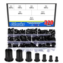 Glarks 320Pcs Metric Rivet Nuts Kit M3 M4 M5 M6 M8 M10 M12 Rivet Nuts Black Zinc Plated Carbon Steel Flat Head Rivnut Threaded Insert Rivet Nuts Assortment Set