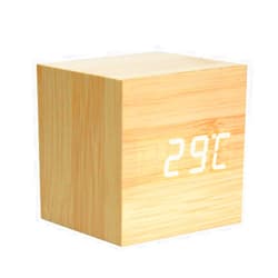 Lancoon Wooden Alarm Clock - Mini Cube LED Digital Clock with Time/Date/Temperature Display, 3 Levels Brightness and Voice Control Great for Home Office Travel - AC10Yellow_White