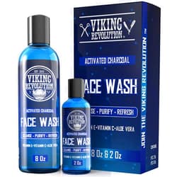 Viking Revolution Charcoal Face Wash for Men- Scrub Away Dirt and Toxins, Skin Cleaning Agent - Cleanse, Purify and Refresh - Daily Charcoal Facial Cleanser - 8 Fl Oz plus a 2 Fl Oz, 2 Piece Set