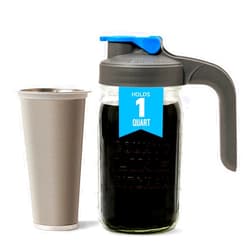 County Line Kitchen Cold Brew Coffee Maker, Mason Jar Pitcher - Heavy Duty Soda Lime Glass w/Stainless Steel Mesh Filter & Flip Cap Lid - Iced Tea & Coffee - 1 Qt (32 Oz), Gray/Blue Handle