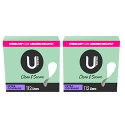 U by Kotex Clean & Secure Panty Liners, Light Absorbency, Extra Coverage, 112 Count (Packaging May Vary) (Pack of 2)