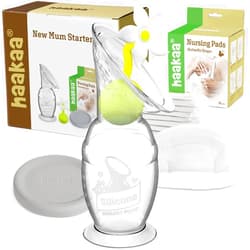 haakaa Silicone Breast Pump Manual Breast Pump with Suction Base, Flower Stopper and Silicone Lid(5oz/150ml) (White) +Disposable Nursing Pads for Breastfeeding,36pcs